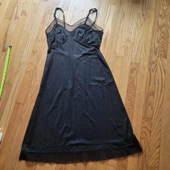 Vintage Black Slip Nightgown With Sheer Mesh Accents & Spaghetti Straps Small - Picture 5 of 5